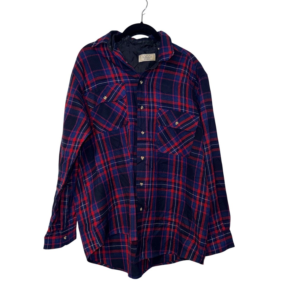 Sears Vintage Grunge Quilted Flannel Shirt Mens L Red Navy Blue Acrylic
